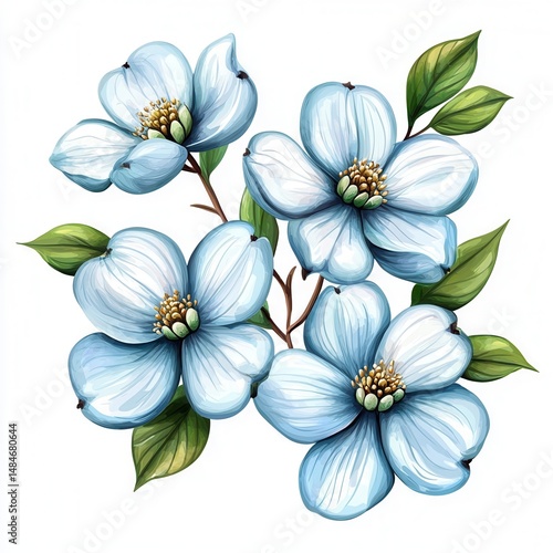 spring flower concept. Blue flowers with leaves, beautifully illustrated. isolated on white background