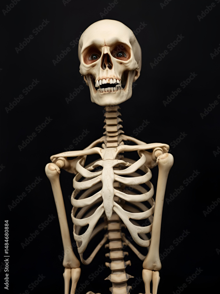 Portrait of surprised skeleton standing over black background. Portrait of surprised skeleton standing over black background.