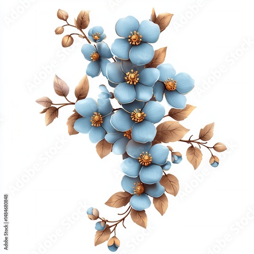 spring flower concept. Delicate blue flowers with golden leaves on a white background. isolated on white background