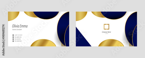 Gradient gold blue and white luxury horizontal business card with abstract shapes