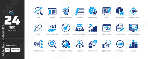 SEO Icon Set Collection - Glyph Solid Style. Containing Advertising, Affiliate, Analysis, Copywriting, Data Mining, Keyword, Link, Market Research, Optimization, Pay per Click, Ranking, Search.