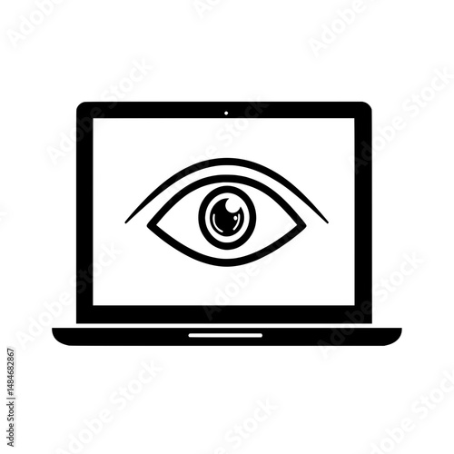 Laptop with detailed eye symbol representing computer surveillance, digital spying, or online security concept