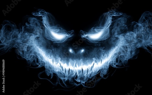 Eerie Smiling Smoke Art of a Menacing Face in Dark Background.