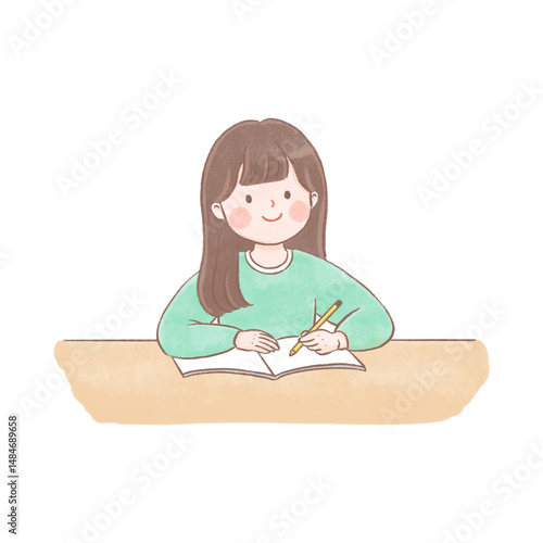 ong-haired girl studying at desk, vector illustration