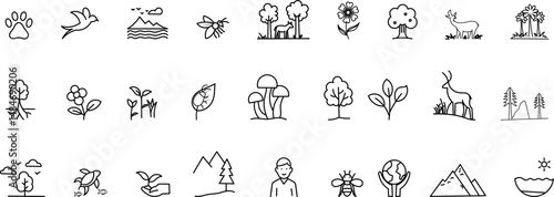 Environment Line Editable Icons set. Vector illustration in modern thin line style of Nature and Wildlife related icons: Plants, Mountains, Ecology, Natural Life and more. Pictograms and infographics