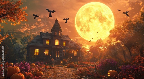 A hauntingly beautiful old house silhouetted against a massive orange moon. surrounded by a dark sky filled with bats. evoking an eerie yet captivating atmosphere perfect for Halloween themes