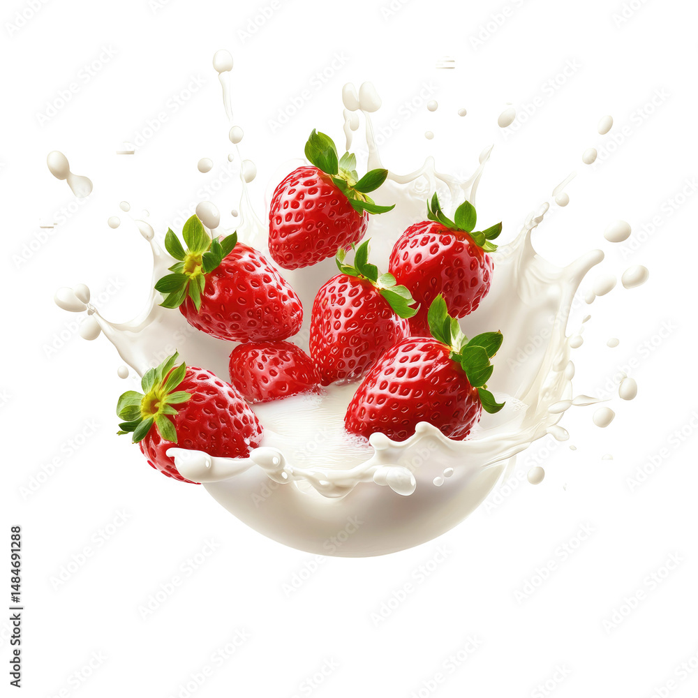 Fresh strawberries splashing into creamy milk (2) Fresh strawberries splashing into creamy milk (2)