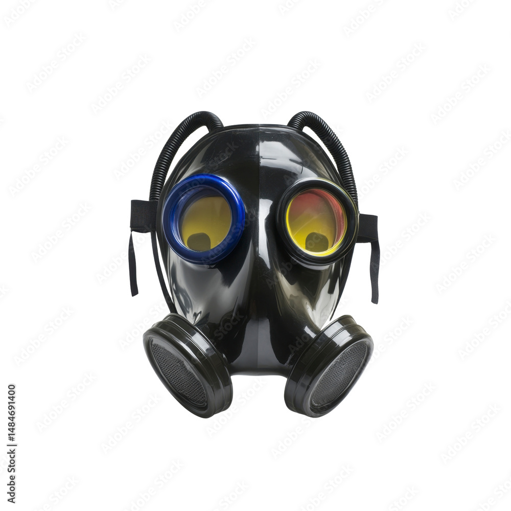 Black Gas Mask with Colorful Eyepieces - Safety Equipment and Protection Concept Black Gas Mask with Colorful Eyepieces - Safety Equipment and Protection Concept