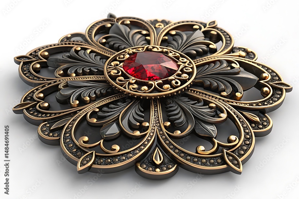 Ornamental emblem features a ruby gemstone in a golden filigree with a black metallic background Ornamental emblem features a ruby gemstone in a golden filigree with a black metallic background