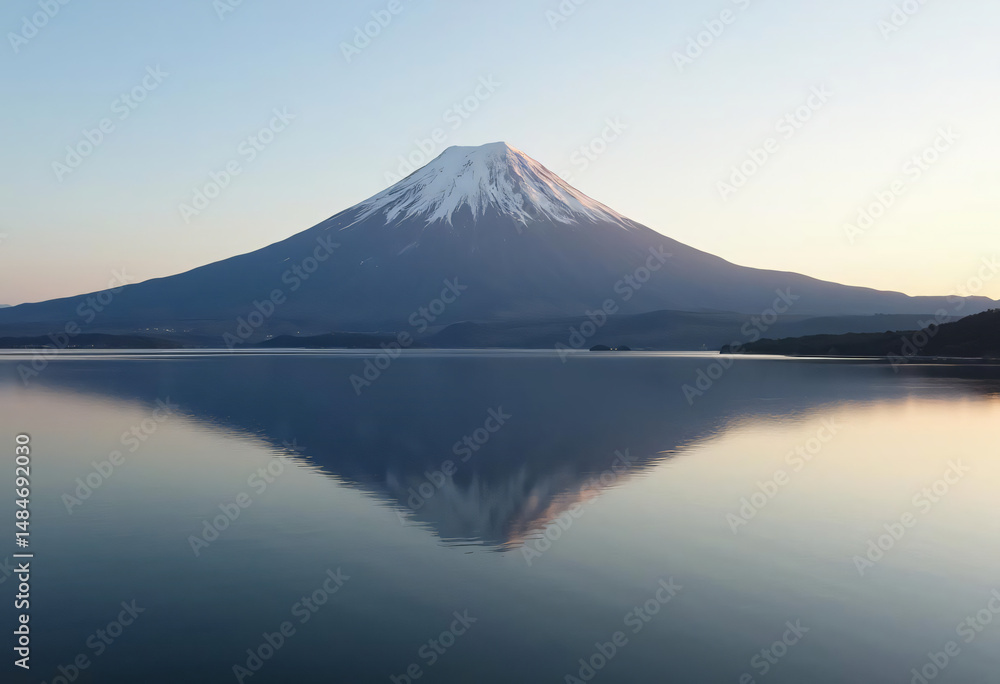 Fototapeta premium Snow Capped Mountain Reflected on Calm Lake at Peaceful Sunrise