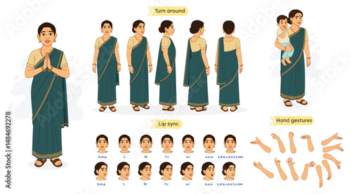 An Indian Woman Character Constructor. Indian Woman creation Set. Indian Woman Character Model Sheet with Lip Sync, Hand Gestures, and Saree Outfit | 2D Animation Design. Indian Woman in Saree.