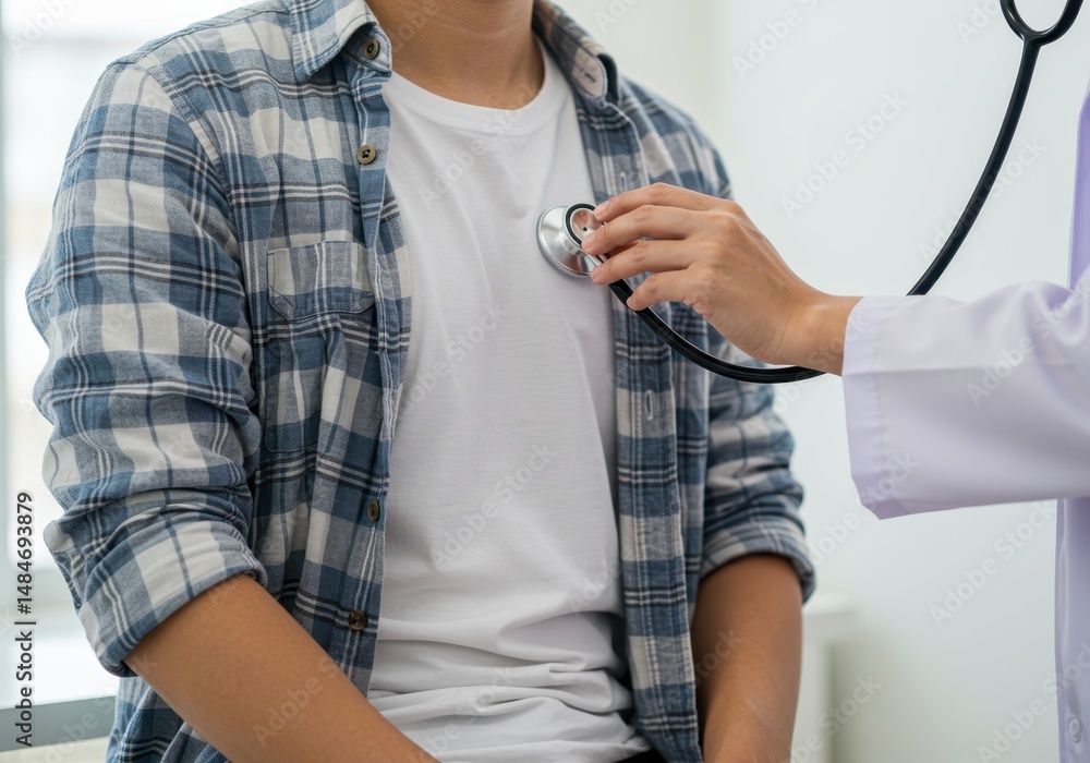 Doctor using stethoscope to examine patient wearing a blue plaid shirt in a clinic Doctor using stethoscope to examine patient wearing a blue plaid shirt in a clinic