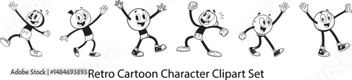 Retro Cartoon Character Clipart Set. Happy Vintage Style Mascots in Fun Poses with Classic Rubber Hose Animation Design