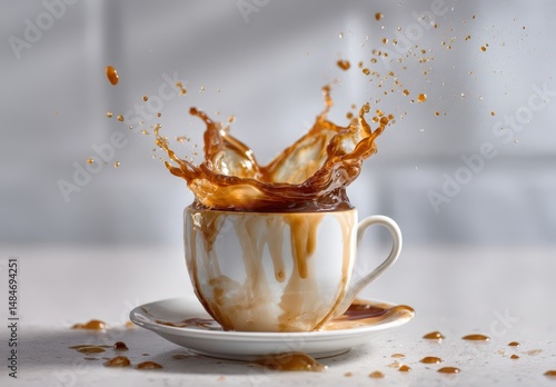 Dramatic coffee splash in a white cup.