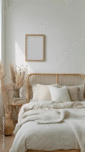 Wallpaper Mural Relaxing bedroom interior with bamboo bed, neutral pillows and blankets, pampas grass decor, and blank picture frame hanging on white wall. Torontodigital.ca