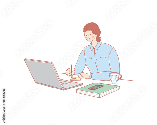 Business woman working on laptop at desk, office work vector