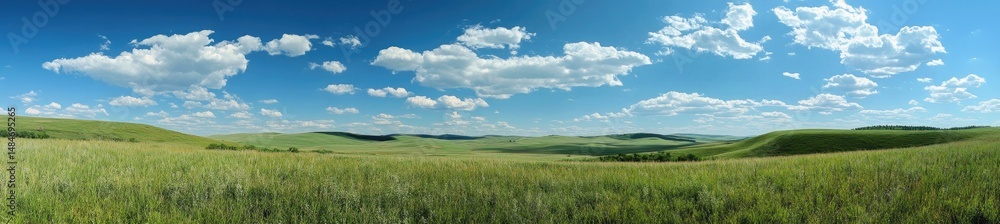 A serene panoramic view of lush green fields under a bright blue sky with fluffy clouds. capturing the essence of nature's tranquility and ideal for landscape photography A serene panoramic view of lush green fields under a bright blue sky with fluffy clouds. capturing the essence of nature's tranquility and ideal for landscape photography