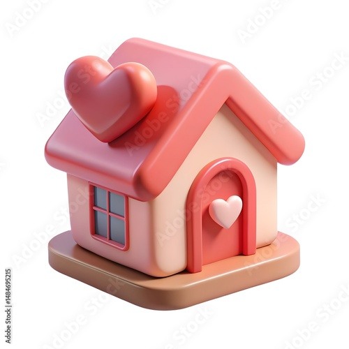 Cute miniature house, pink roof, white walls, red heart symbol, love nest, tiny dollhouse, simple geometric shapes, on white background 