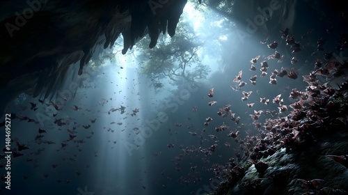 Bat colony hangs from cave ceiling in dark Borneo, illuminated by beams of light