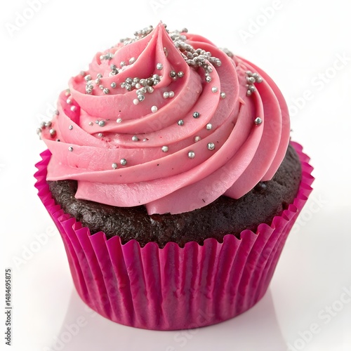 Chocolate cupcake, vibrant pink frosting, silver sprinkles, swirled icing, bright pink cupcake liner, on white background 