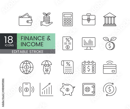 Editable stroke pack of finance and income icons including wallet investments calculator bank statements savings analytics mobile payments and secure money flow for financial apps and business UI