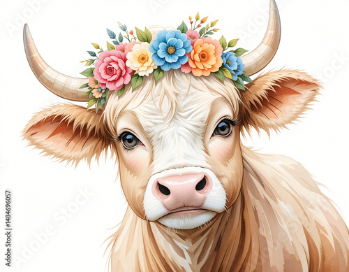 Watercolor Cute Highland Cow with Floral Crown
