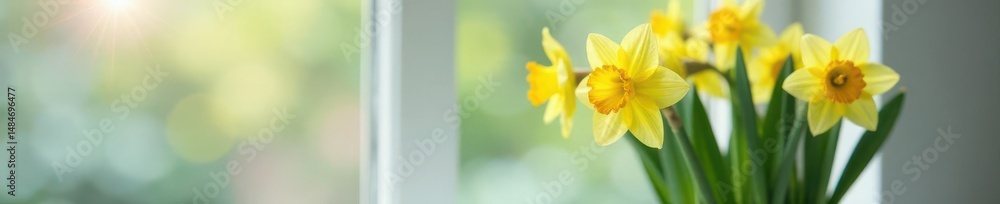 Close-up of daffodil in white pot against window Clean background, ample copy space , renewal, yellow Close-up of daffodil in white pot against window Clean background, ample copy space , renewal, yellow