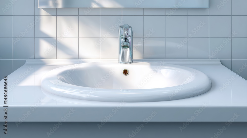 Sleek modern sink with a shiny faucet on a tiled countertop, illuminated by natural light. Sleek modern sink with a shiny faucet on a tiled countertop, illuminated by natural light.