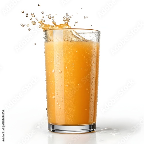Glass of orange juice, condensation, bubbles , on white background 