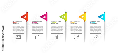 Step by step infographic design template. Five steps, instruction or presentation with icons and text