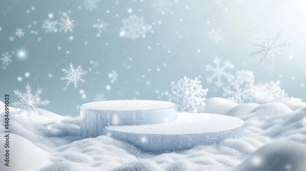 Fototapeta premium A serene winter landscape featuring a frozen circular ice formation surrounded by soft. white snow. with distant snow-covered mountains and a clear blue sky above