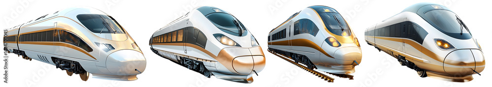 Naklejka premium Set of modern high speed passenger trains in multiple angles isolated on transparent background