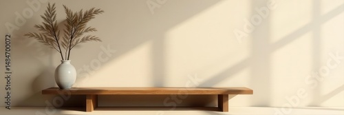 Wooden bench, clay vase & branch against grunge beige wall Japandi-inspired living room , living space, earthy tones