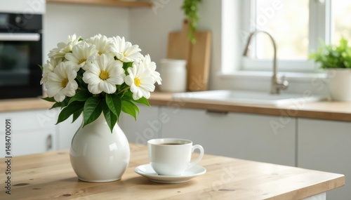 Wallpaper Mural White flower bouquet, coffee, kitchen table, Scandinavian style , glass, white flowers, natural Torontodigital.ca