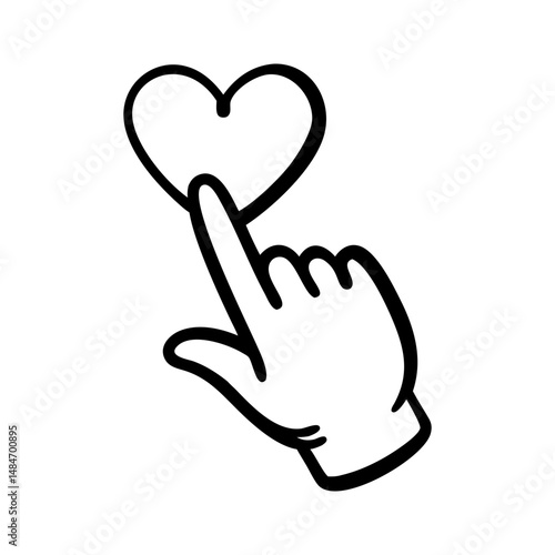 Hand clicking on heart icon symbolizing like and favorite in outline style vector illustration

