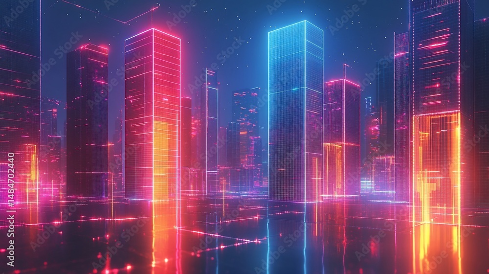Futuristic Cityscape with Glowing Neon Structures and Starry Sky Reflective Surface Futuristic Cityscape with Glowing Neon Structures and Starry Sky Reflective Surface