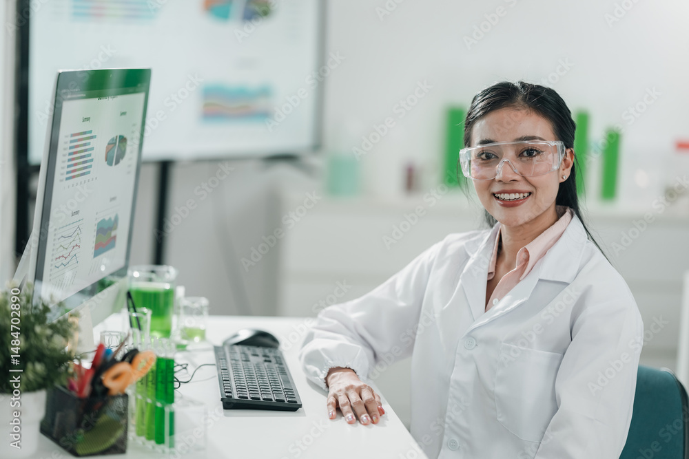 Botanical research in a modern laboratory focusing on algae and plant-based cosmetic development, with scientists analyzing samples under a microscope to explore organic skincare innovations Botanical research in a modern laboratory focusing on algae and plant-based cosmetic development, with scientists analyzing samples under a microscope to explore organic skincare innovations