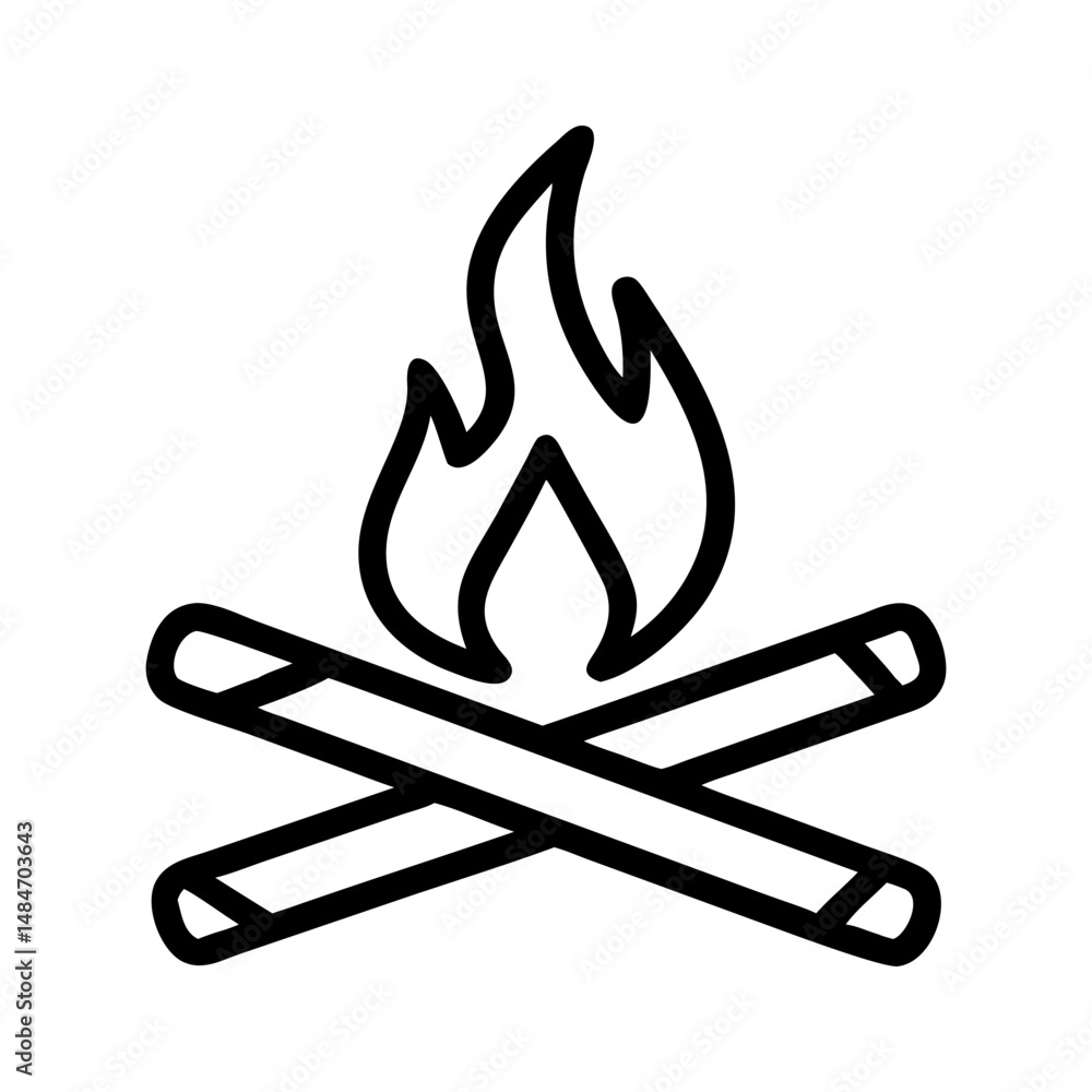 Campfire Icon with Crossed Logs in Minimalist Black and White Line Style
Campfire Icon with Crossed Logs in Minimalist Black and White Line Style