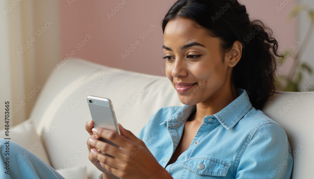 Young adult woman relaxing on a couch and smiling while using a smartphone. Technology use. Young adult woman relaxing on a couch and smiling while using a smartphone. Technology use.