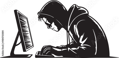 Hacker With Hood And Glasses Working On Computer Black And White Illustration.