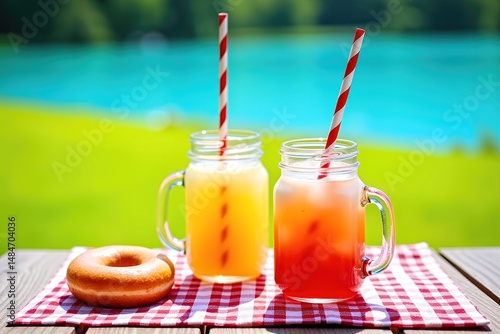 Drinks and donut on picnic table overlooking lake and park