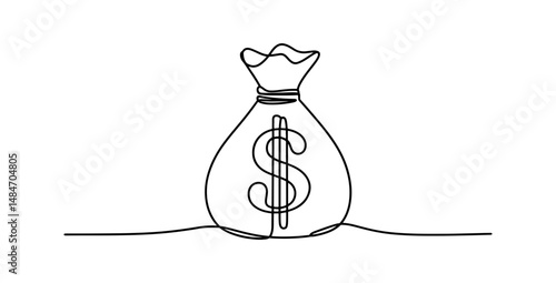 Money Bag with Dollar Symbol in One Line Art Style Vector Illustration
