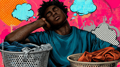 Vintage employee hangs up to dry clothes. pop art retro vector illustration. Homework and cleaning service. African American people