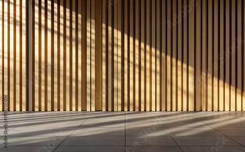 Wallpaper Mural A modern interior scene featuring a potted plant beside a wooden slatted wall. with soft sunlight casting shadows. creating a serene and minimalist atmosphere Torontodigital.ca