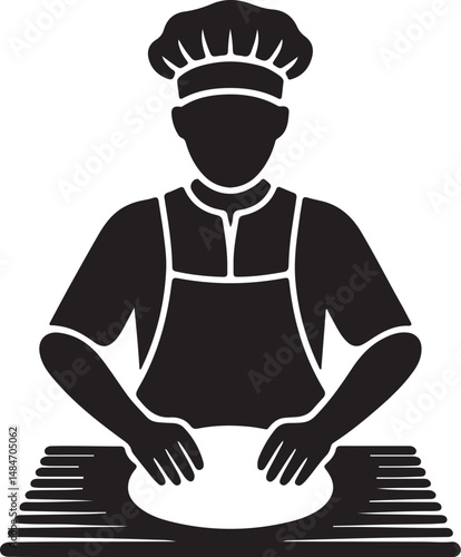 Baker Kneading Dough Illustration Black Silhouette Chef Hat Preparing Food.