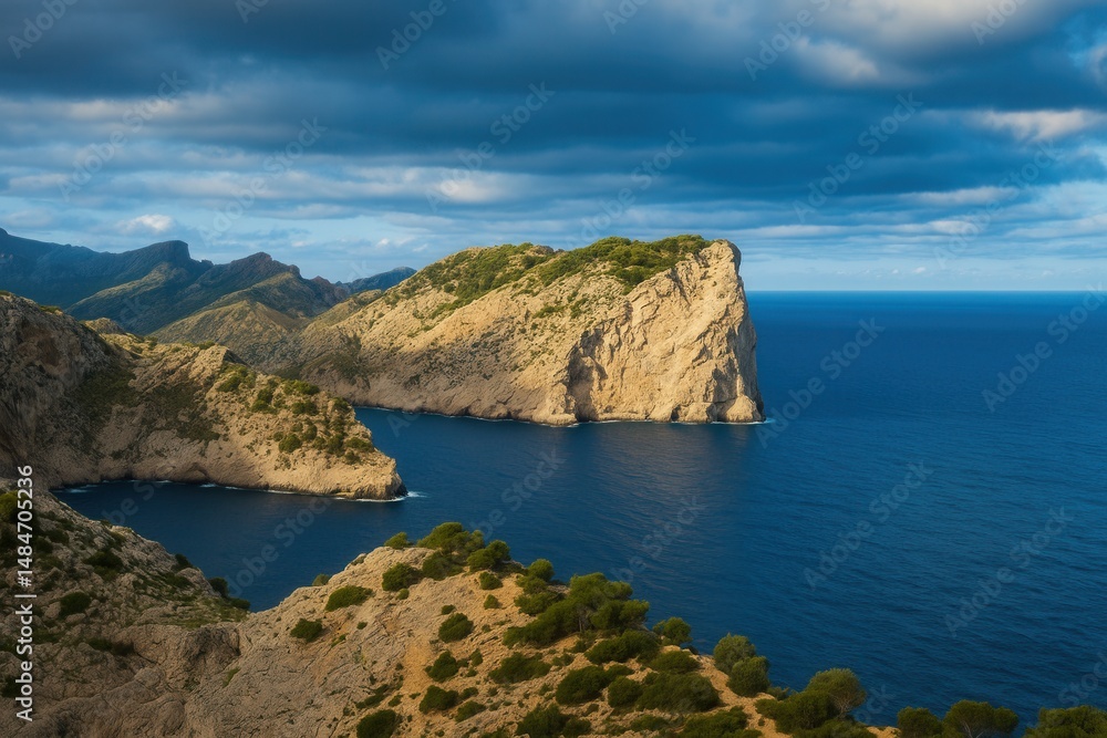Fototapeta premium A stunning view of rugged cliffs extending into the deep blue sea, with lush greenery and dramatic clouds overhead