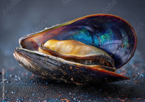 Close-up of an open mussel shell with shimmering colors.