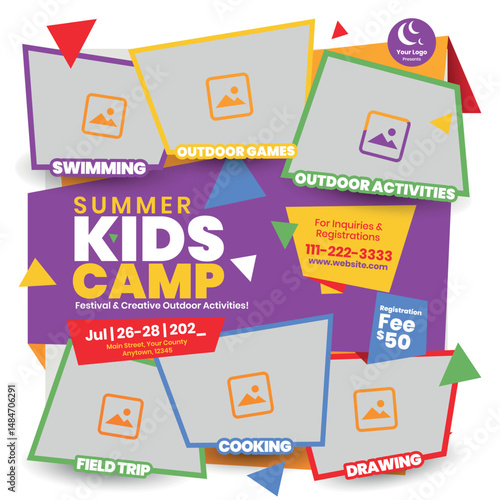 kids summer camp promotional social media post for schools, summer festival post design, colorful school event notification template