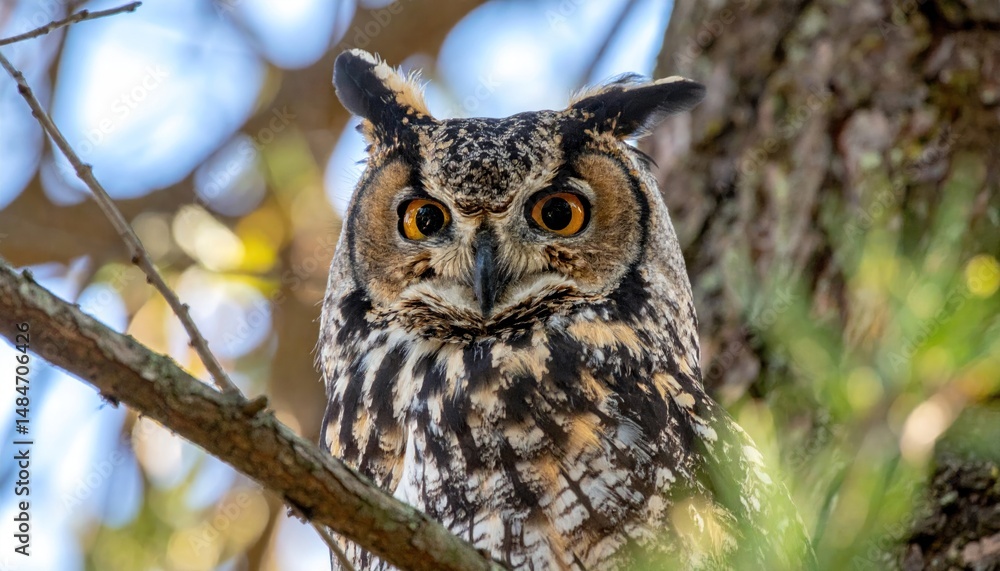 Obraz premium A majestic great horned owl perches serenely amidst leafy branches