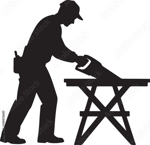 Silhouette Of A Carpenter Using A Hand Saw On A Sawhorse Table.
